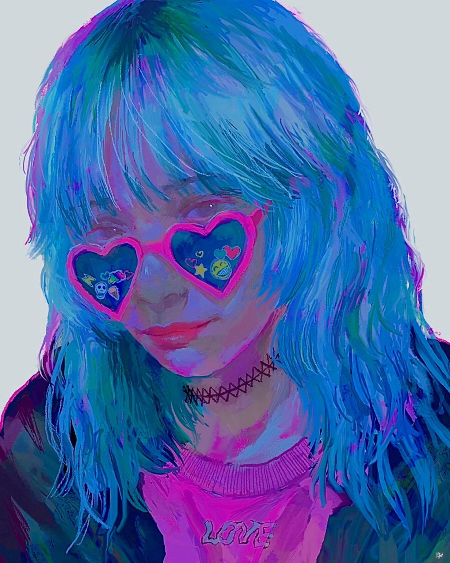the image is a digital painting or illustration of a young woman with bright blue hair. she is wearing heartshaped sunglasses decorated with various small stickers, a black choker necklace, and a pink shirt with the word "love" written on it. the style is vibrant and expressive, with a mix of neon and pastel colors, suggestive of anime or manga influences. the overall mood is somewhat melancholic yet trendy, with a distinct emphasis on fashion and style. the brushstrokes are visible, contributing to the artwork's painterly feel.