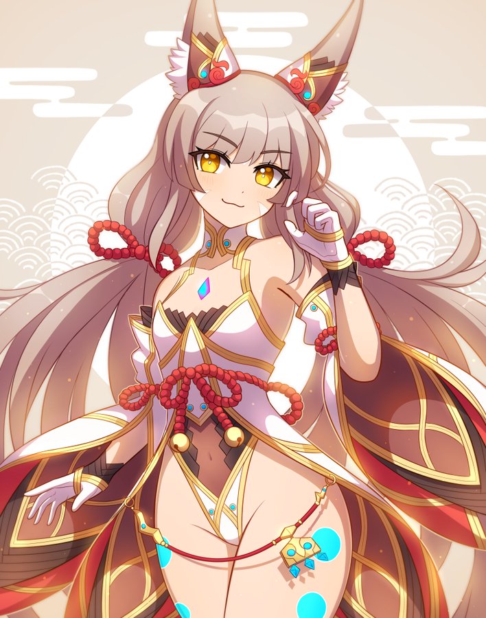 this is a digital illustration of an anime girl with long brown hair, wearing a white and gold kimono with red accents. she has fox ears and a large tail, and she is smiling at the viewer. the background is a soft, pastel color with clouds and waves. the girl is drawn in a style that is both cute and elegant.