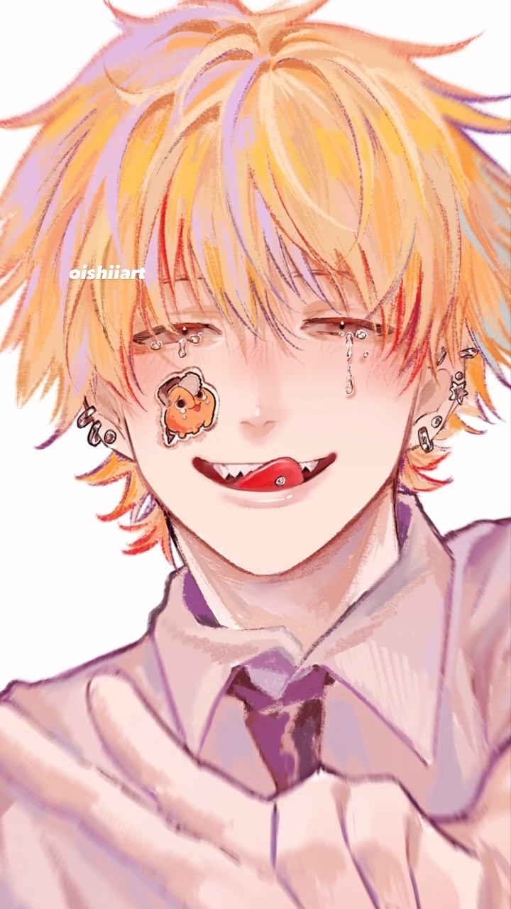 the image is a digital drawing of an animestyle boy. he has bright blond and orange hair with hints of purple, and his hair is styled in a slightly messy, voluminous way. he's wearing a light purple collared shirt and a dark purple tie.  his expression is a mix of happy and sad; he's smiling with his tongue slightly out, but there are also tear streaks on his cheeks.  he has small stickers on his face, one of which is a cartoonish chick. he also has multiple earrings in his ears. the overall style is soft and pastel, with a focus on soft lighting and gentle lines. the boy's hands are visible in the foreground, suggesting he may be slightly shy or reserved.  the style is very much in line with modern anime and illustrative trends on platforms like instagram and twitter.
