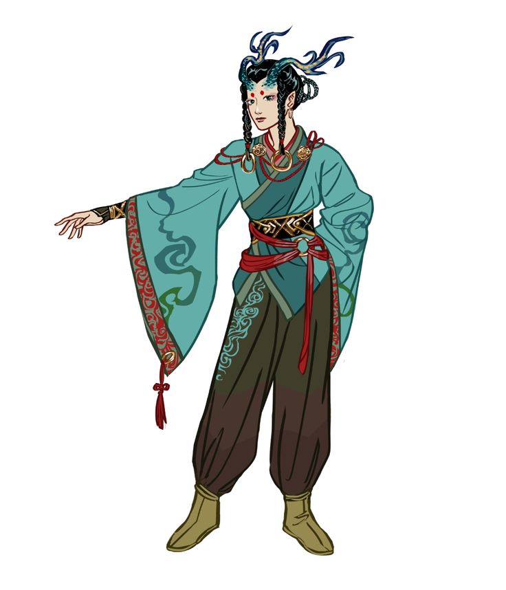 a woman with long blue hair is standing with her left hand raised. her long blue and green robe has red trim and a gold belt. the woman has horns on her head and is wearing a long, flowing dress with red and gold accents. she has a golden pendant around her neck. the woman is standing with her right hand on her hip. the background is white. this is a digital illustration, perhaps created for a game or anime.