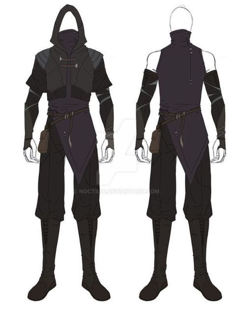 the image presents a detailed character design illustration showing a male outfit from two perspectives: a front view and a back view.  the outfit is darkcolored, seemingly intended for a fantasy or roleplaying game setting. it features a hooded cloak or jacket, a sleeveless vest, long pants, high boots, and several small pouches or bags as accessories.  the design is sleek and suggests a practical, perhaps stealthy, style of clothing. the illustration style is clean and linear.