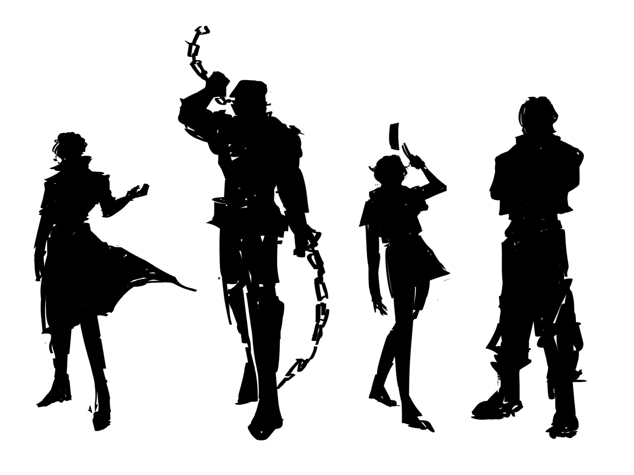 the image shows four separate silhouettes of people. they appear to be characters from a fantasy setting, with one holding a chain weapon. the style is a rough, black and white sketch, emphasizing form and gesture over detail.