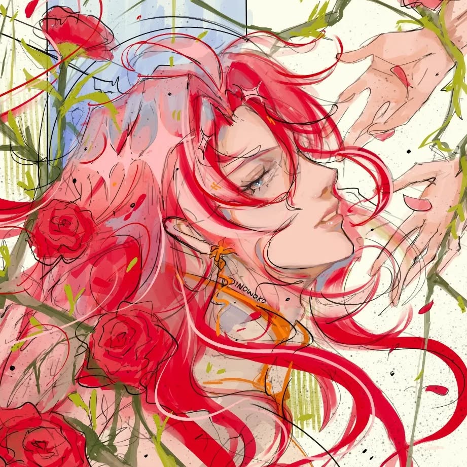 the image is a digital painting or illustration in a style reminiscent of anime or manga, showcasing a stylized portrait of a young woman with vibrant red hair.  her hair flows dramatically around her, interspersed with red roses and green foliage.  the overall aesthetic is soft yet vibrant, with a mix of watercolorlike washes and sharper lines.  the woman's expression is serene yet somewhat melancholic, her eyes slightly closed.  a pair of delicate hands reach towards her from the upper right, adding a sense of touch and mystery. the background is a blend of abstract shapes and lines, contributing to the dreamy and ethereal atmosphere. the style is highly expressive and stylized, emphasizing emotion and movement.