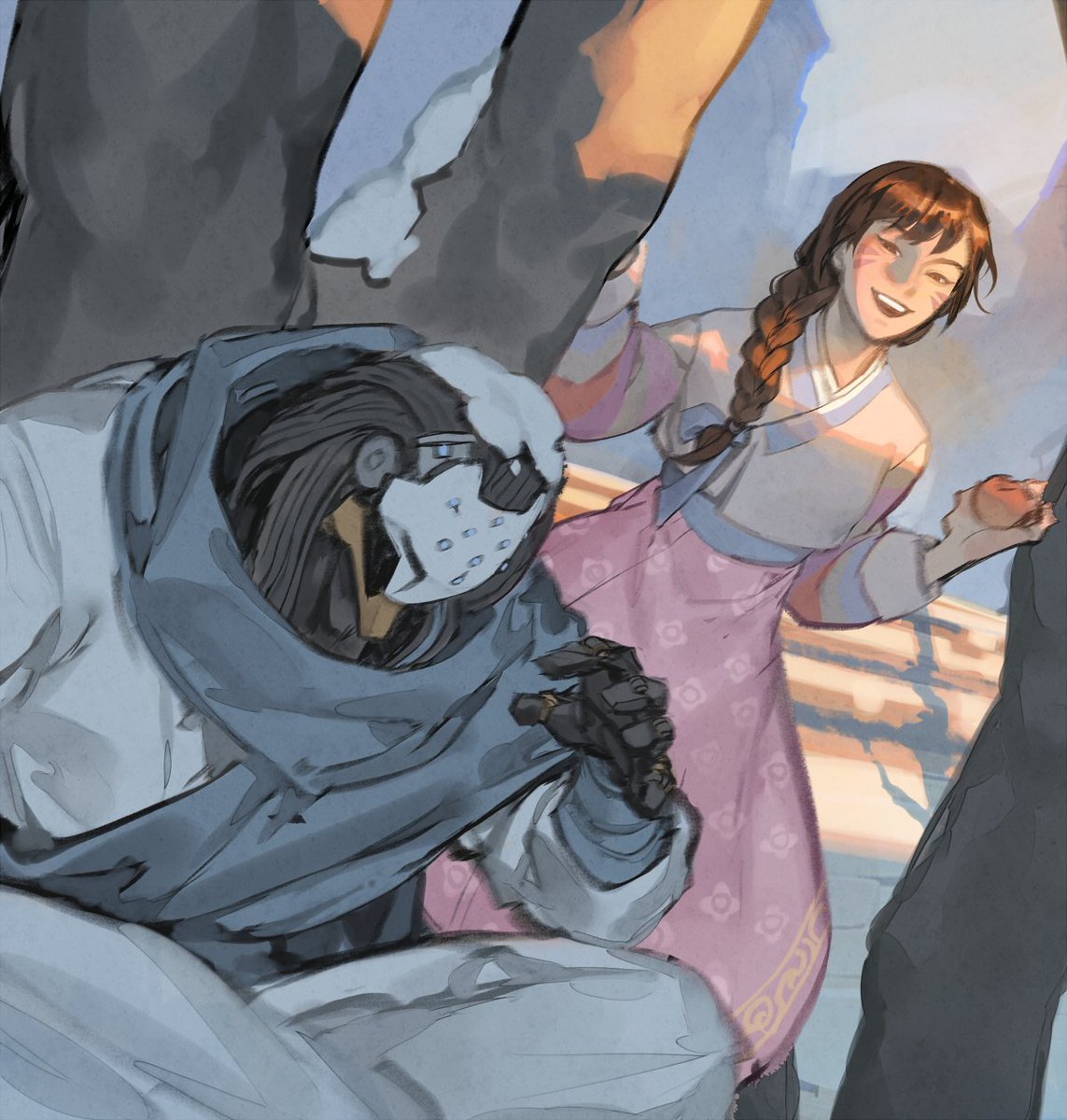 a digitally drawn image of the character genji from the game overwatch and a woman. genji is a cyborg, and is wearing a hoodlike outfit. the woman is wearing a hanbok dress, has an apple, and has her hair braided.