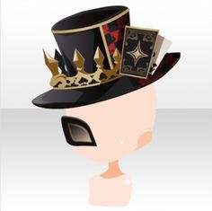 a black top hat with gold accents and playing cards is shown in the image. a crown sits on top of the hat.