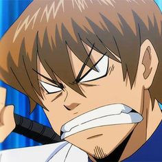this is an animestyle illustration of a man's face. he is gritting his teeth and his eyes are narrowed in anger or determination. the closeup perspective emphasizes his intense expression. his brow is furrowed, adding to his fierce demeanor. the color palette is warm, with browns and oranges dominating, which further amplifies the feeling of intensity.  it appears he is holding something dark and thin in his hand.