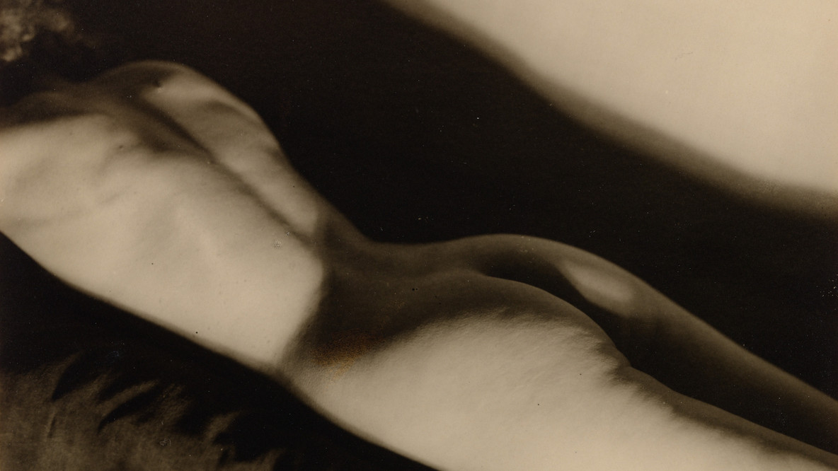 loseup view of a sepiatoned photograph depicting the back and buttocks of a nude female figure. the body is posed in a gentle curve, with light and shadow playing across the skin, creating a strong sense of form and texture. the background is dark and indistinct, drawing focus to the curves and contours of the body. the image has an artistic and somewhat abstract quality, focusing on the interplay of light and shadow to convey a feeling of sensuality and beauty. the overall style suggests a classic or vintage photograph.