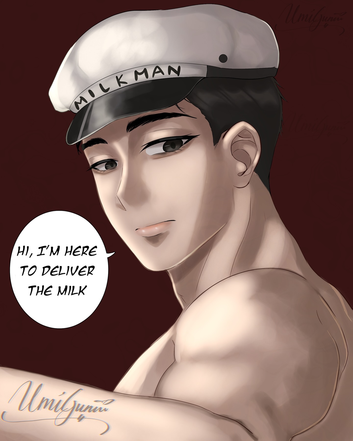 the image is a digital illustration in an anime/manga style. it depicts a handsome, muscular young man wearing a white milkman's cap with "milkman" written on it. he's shirtless, showcasing his upper body.  a speech bubble next to his face says "hi, i'm here to deliver the milk." there's also a stylized tattoo on his arm. the overall tone is suggestive, bordering on flirtatious. the background is a dark reddishbrown color.  the art style is soft and slightly hazy, giving a dreamy, almost sensual quality.