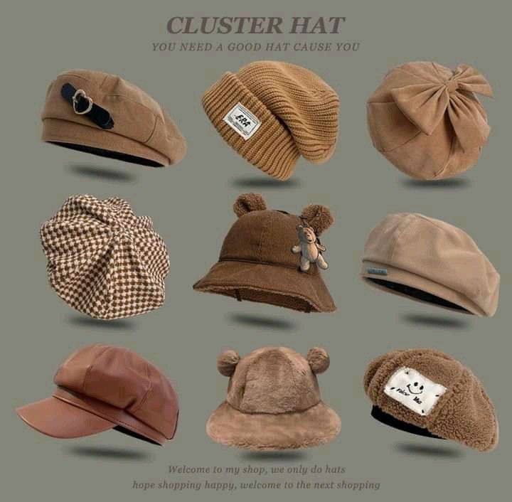 a collage of nine brown hats. there are a variety of styles, including berets, bucket hats, beanies, and furry hats. the hats are arranged in a grid pattern on a light brown background. the text "cluster hat" is at the top of the image, and the text "you need a good hat cause you" is below it. the text "welcome to my shop, we only do hats. hope shopping happy, welcome to the next shopping" is at the bottom of the image.