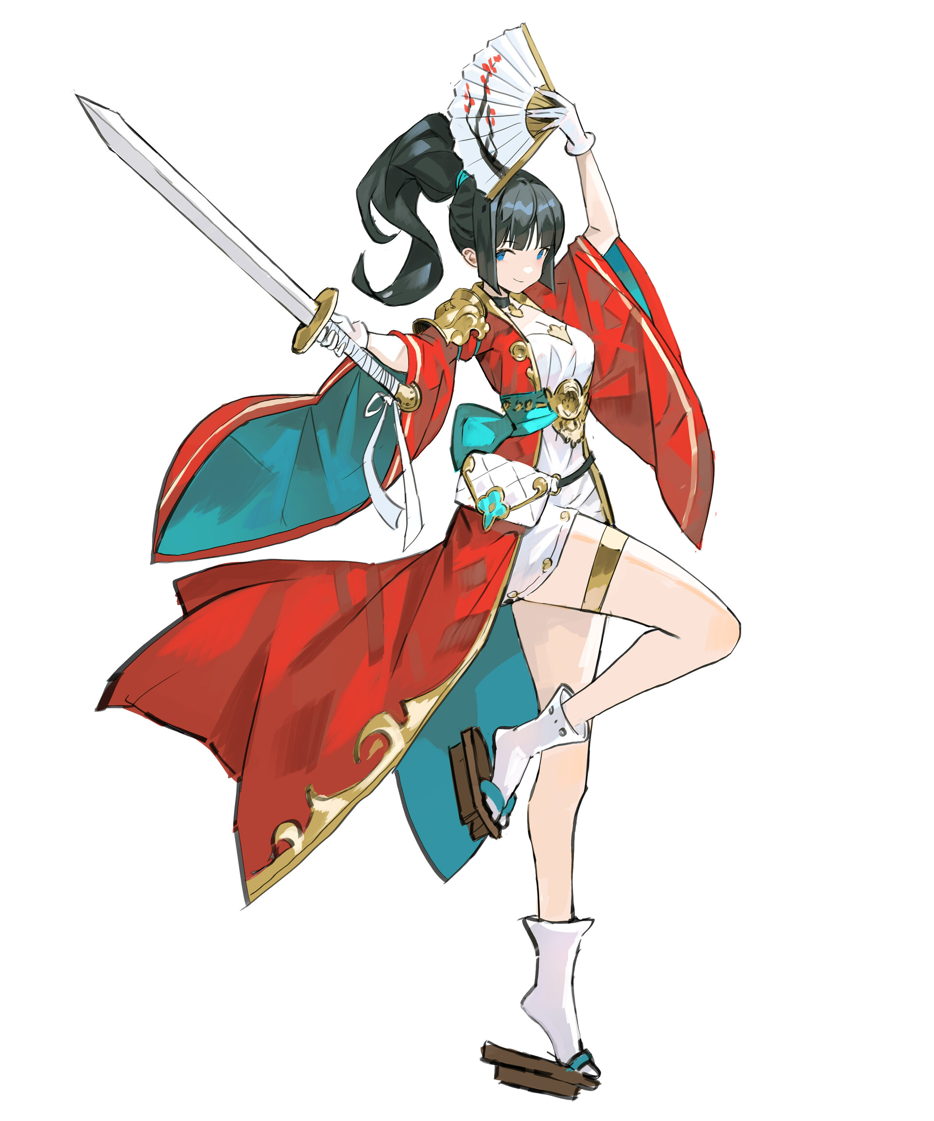 a fullbody illustration in anime style depicts a woman with black hair tied in a high ponytail. she wears a red kimonostyle robe with teal accents and gold trim, over a white dress with similar gold accents. she holds a sword in her right hand and a white fan in her left hand. her footwear consists of white socks and dark brown wooden sandals. she is balancing on one foot, with her other leg lifted slightly to the side.