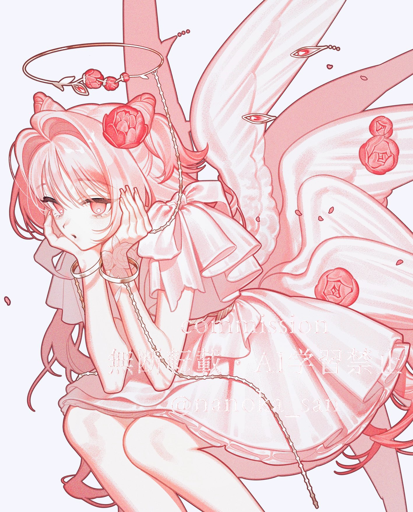 the image is a digital drawing or painting of a young animestyle girl with large pink wings. she is wearing a light pink dress and has long pink hair.  her expression is soft and somewhat melancholic.  she has a halo and is adorned with pink flowers and seems to be bound by a delicate chain around her wrists. the overall style is soft, pastel, and dreamlike.