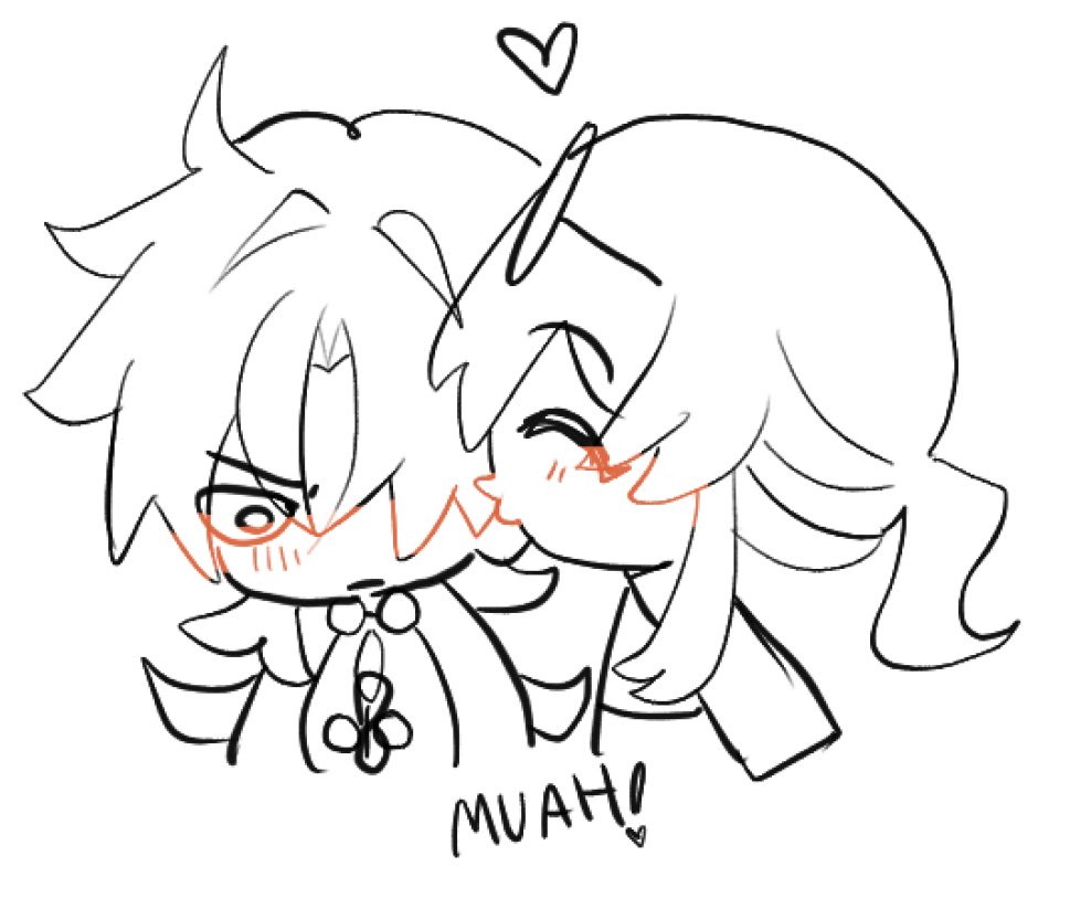 a black and white drawing of a couple kissing, the girl is on the left side and the boy on the right. the girl is smiling and blushing while kissing the boy. they are both wearing simple clothes and have large, round eyes. they are surrounded by hearts and the word "muah."  the illustration is done in a simple, cartoonish style and is very cute.