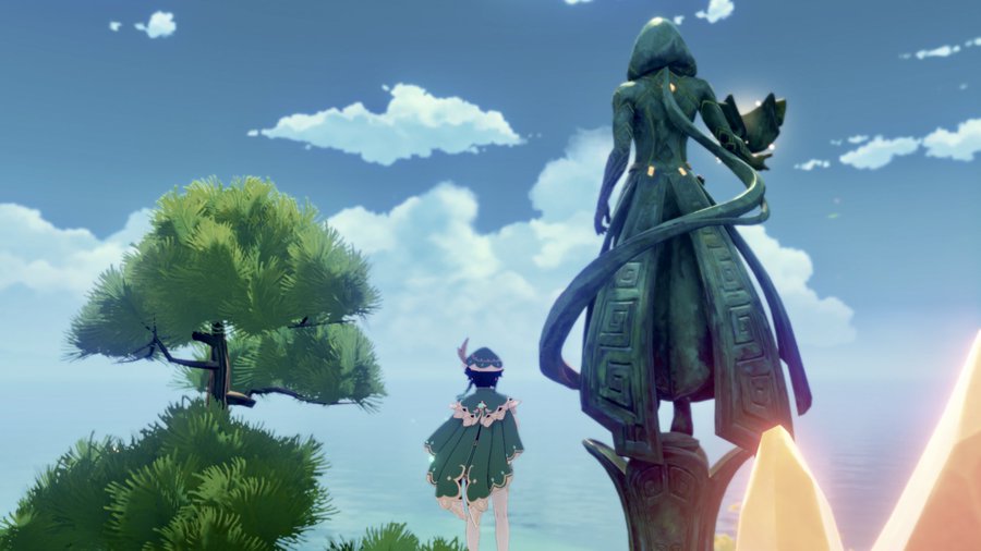 the image is a screenshot from the video game genshin impact. it depicts a female character in a green outfit with a cape, standing before a large, ornate green statue with a hooded figure. the statue has intricate carvings and appears ancient. the setting is a serene island with a beautiful ocean view under a clear, bright sky with fluffy white clouds.  a bonsaistyle tree is prominently featured in the foreground. the overall art style is animeinspired and fantasythemed, creating a peaceful and mysterious atmosphere.