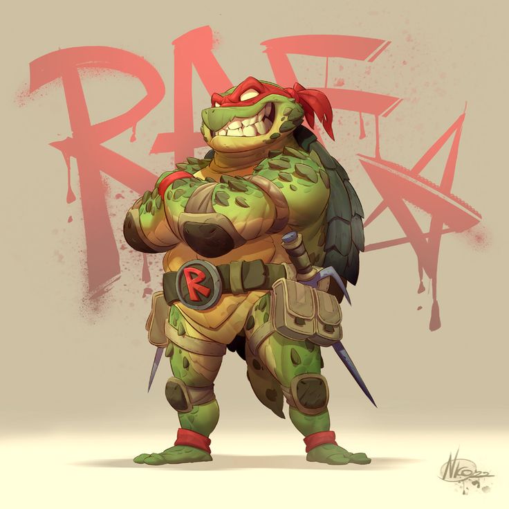 this is a digital art illustration of raphael, one of the teenage mutant ninja turtles. he is green, with a red bandana, and he has a shell on his back. he is holding his two katanas crossed in front of him. he is standing in front of graffiti that says "ra" on it. the image has a cartoon style and is a very colorful illustration.