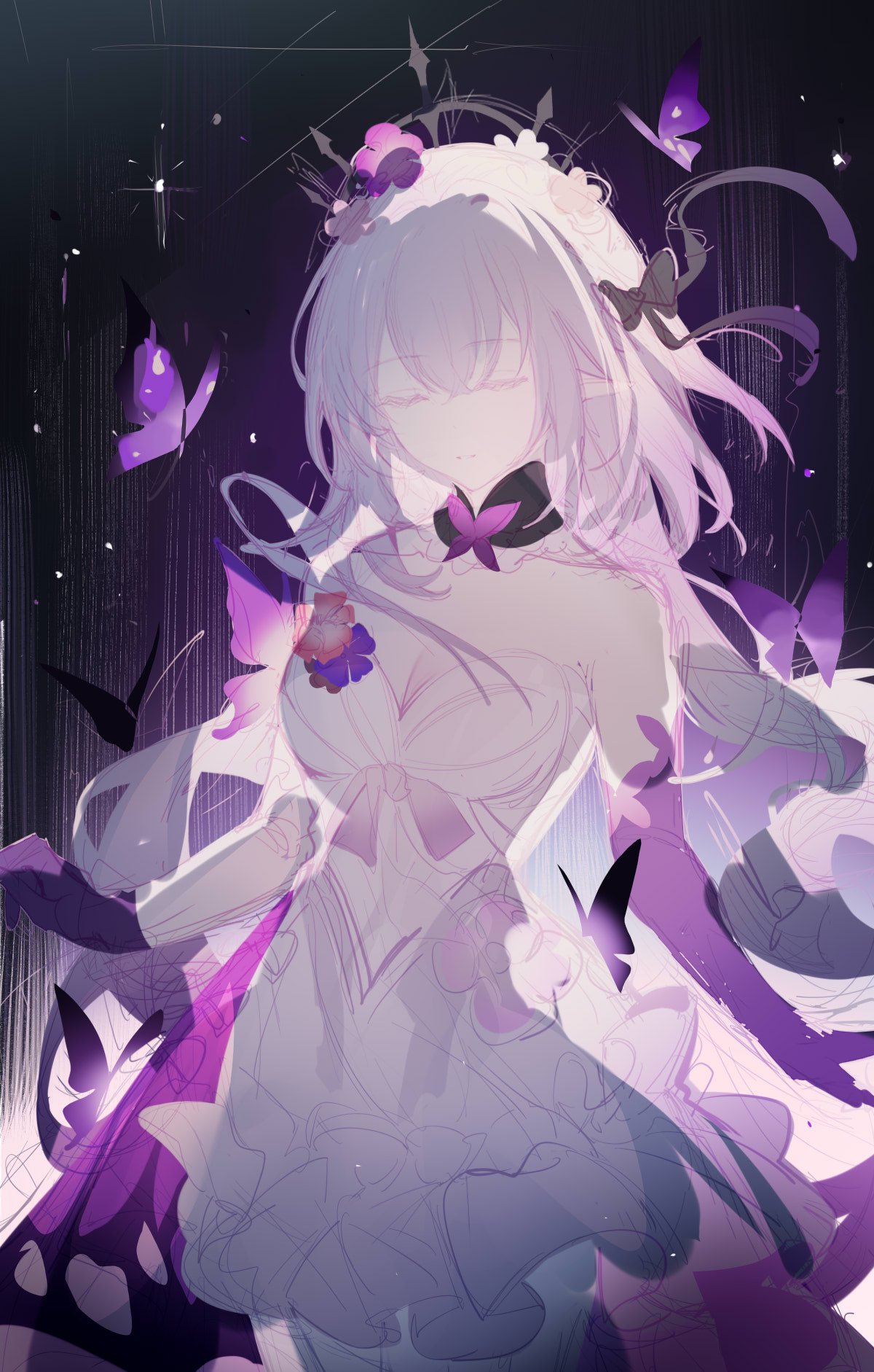 an animestyle portrait of a girl with white hair, wearing a white dress, surrounded by purple butterflies and flowers. she has her eyes closed. the color scheme is predominantly purple and white.