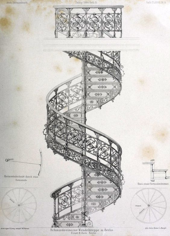 the image is a detailed architectural drawing from 1864 showing a wrought iron spiral staircase located in berlin, germany.  the drawing, created by ernst & sohn, is highly detailed and includes multiple views: a full elevation of the spiral staircase,  closeup details of the handrail and balustrade,  crosssections showing the structure, and plans illustrating the geometry of the staircase.  the ornate design features intricate floral and scrollwork typical of the era.  the drawing is presented on aged, possibly archival, paper, enhancing its vintage character.  the annotations are in german.