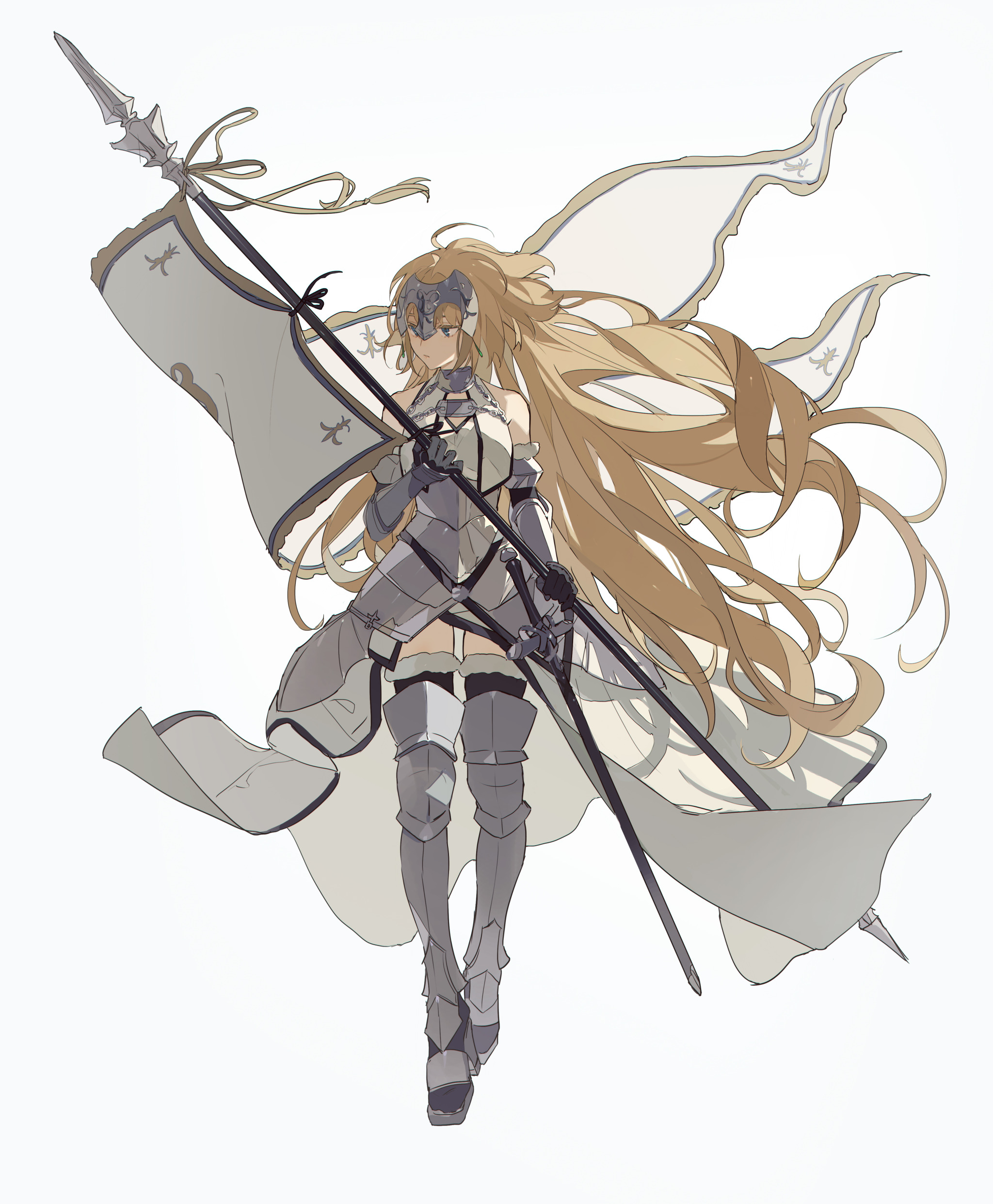 the image features a fullbody illustration of an animestyle female knight. she has long, flowing blonde hair and wears detailed, lightcolored armor. she's holding a spear and a flag, both decorated with symbols. the character is standing in a dynamic pose, conveying strength and determination. the background is light, and the overall style is stylized with elegant draping and intricate details.
