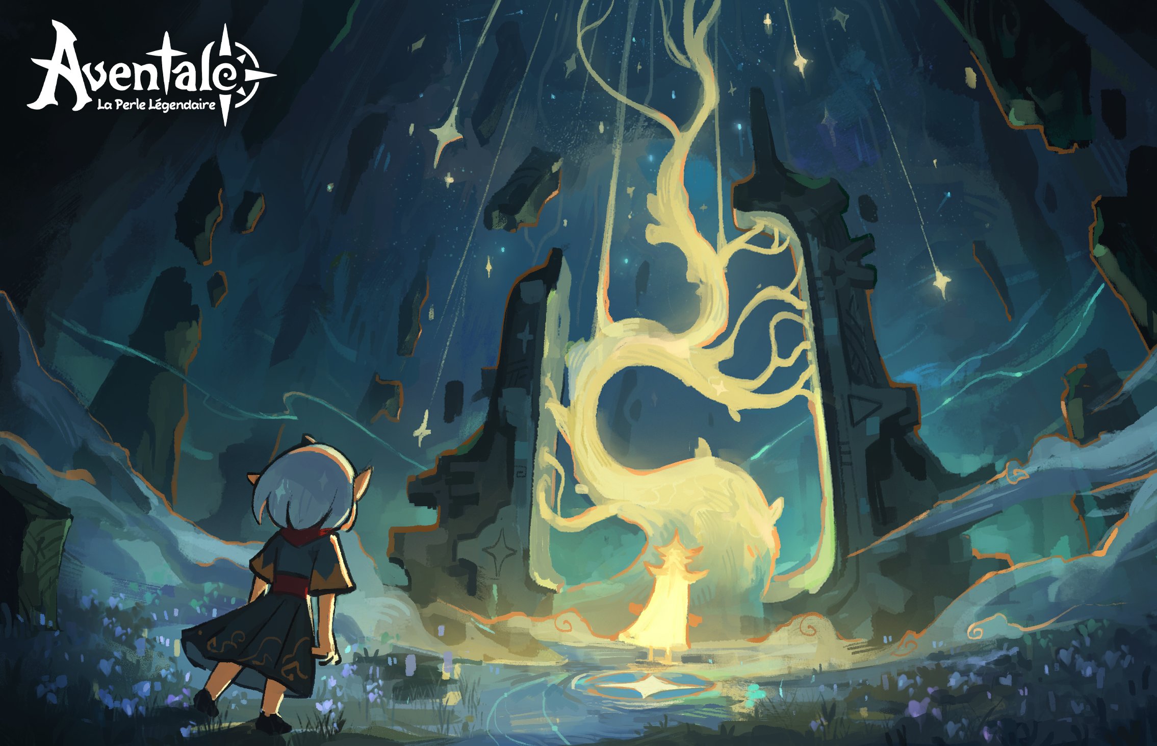 the image is a digital painting that appears to be concept art for a video game titled "aventale: la perle légendaire."  it depicts a young elflike girl with short, light grey hair standing before a large, glowing, golden tree within a cavernous setting.  the tree is the central focus, emanating a soft, yellow light. the surroundings are dark and mysterious, filled with ruins and a sense of wonder. shooting stars streak across the night sky, adding to the magical atmosphere.  the overall style is whimsical and dreamy, with a pastel color palette and soft lighting. the girl appears to be gazing in awe at the radiant tree, suggesting a moment of discovery or significant event within the game's narrative. the title of the game is prominently displayed in the upper left corner.