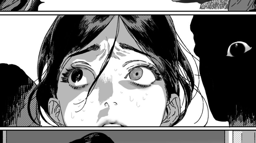 a closeup black and white manga panel depicting a woman with a fearful expression. she has sweat on her face, and her eyes are wide with alarm. a dark, shadowy figure is partially visible on the right side of the frame.