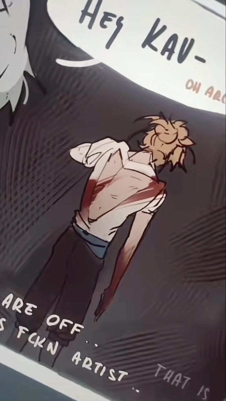 the image is a closeup shot of a digital drawing or comic panel. it depicts a stylized character, possibly male, with blondish hair,  who is shown from the back, with numerous bloody wounds across their back. the character is wearing casual clothing.  a speech bubble in the top corner says "hey kav..." with some cutoff text. the bottom of the panel contains additional text, seemingly a caption or dialogue that reads: "are off... stckn artist... that is...". the art style is reminiscent of anime or manga, with a darker, more dramatic color palette. the overall impression is one of a tense or violent scene.  the background is primarily dark, with stylized lines suggesting movement or emotion.  a partially visible figure is seen in the upper left, likely part of the same scene or comic.