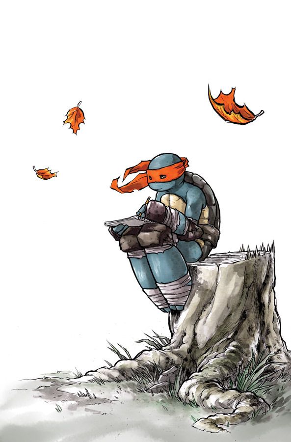 a teenage mutant ninja turtle, possibly donatello, sits on a tree stump, sketching in a notebook. the turtle is dressed in a blue jumpsuit and an orange mask, with his turtle shell showing. he is surrounded by fallen leaves, suggesting it is autumn. the turtle looks thoughtful and peaceful as he draws. the image is drawn in a realistic style with detailed shading and texture.  the background is simple, with just the tree stump and the fallen leaves. this creates a sense of focus on the turtle and his creative activity. the overall mood of the image is peaceful and contemplative.