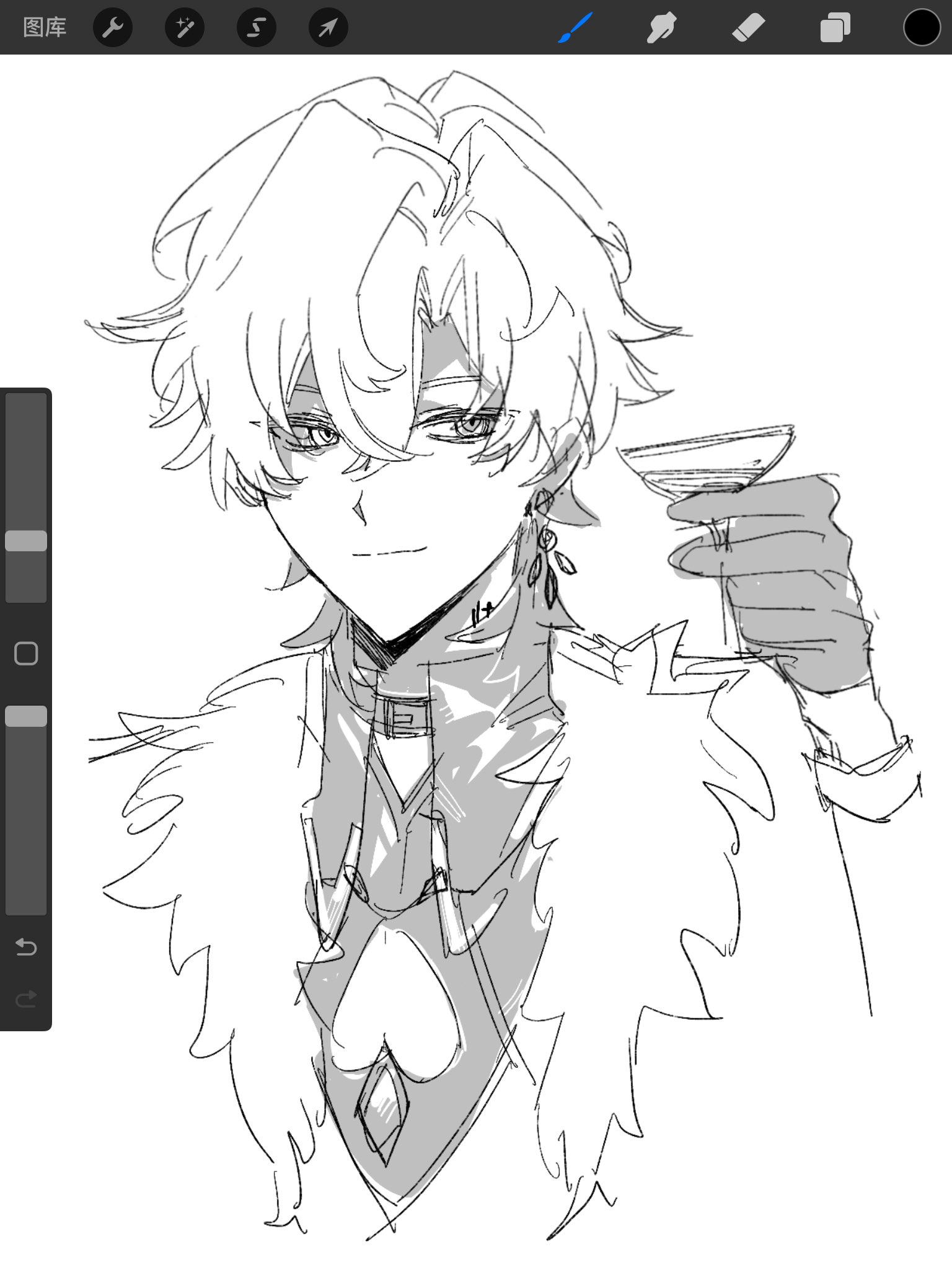 a black and white drawing of an anime character. the character has white hair, a fur collar, a suit with a necklace and earrings. he is holding a glass with a drink in his hand.