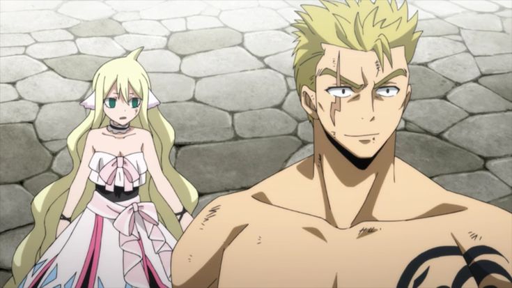 this is a digital art piece featuring a side profile of a man and woman from the anime series fairy tail. the man is a powerful character with a shirtless appearance and has a strong, muscular build. he is looking at the woman, who is dressed in a pink dress with a bow. the man has blond hair and brown eyes. the woman has blond hair and blue eyes. they are both standing on a stone sidewalk in a gray environment.