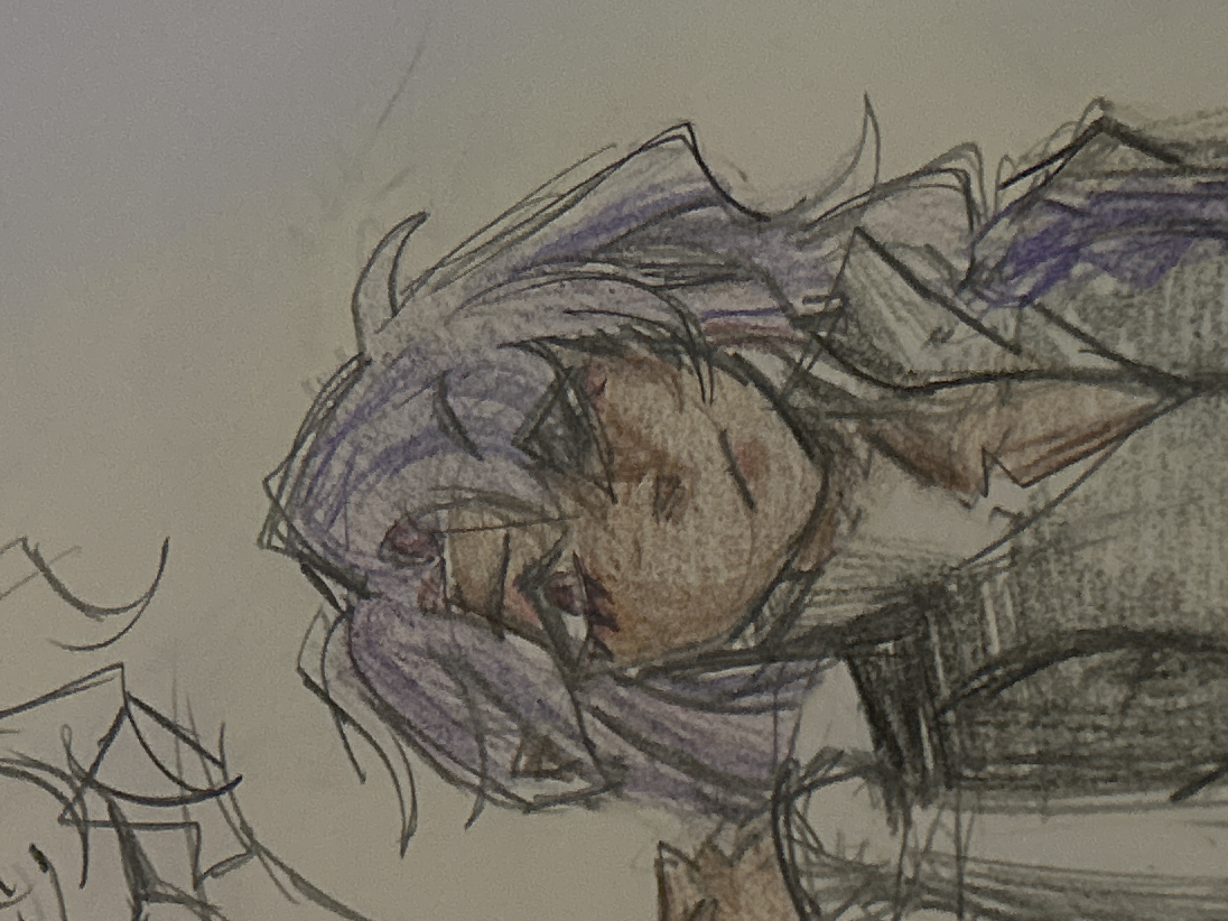 a pencil sketch of an anime character with purple hair and blue eyes, the character is looking forward and there is a slight smile on their face.  the background is a blank sheet of paper.