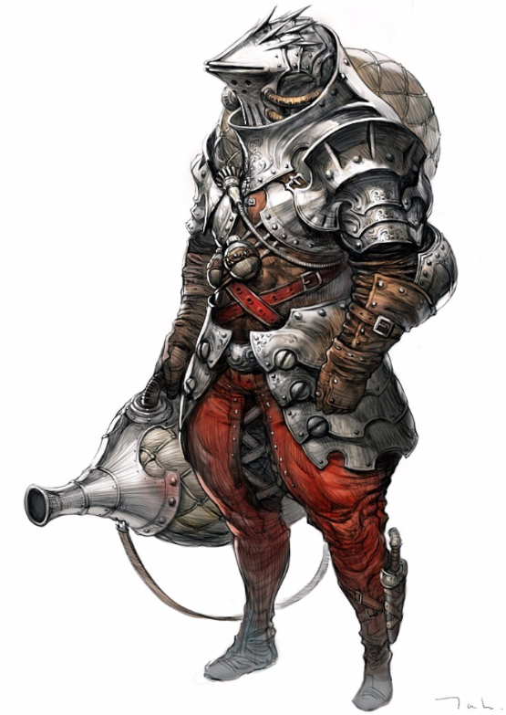 the image showcases a digital illustration of a heavily armored warrior, likely a knight, from a fantasy setting. he is clad in intricately designed plate armor with a distinctive rounded helmet that obscures his face. the armor features both smooth, polished surfaces and areas with a more roughhewn, hammered appearance. the knight's lower body is protected by thick plating on the thighs and articulated armor on the lower legs. he wears red fabric underneath the armor, visible at the waist and legs.  the most striking feature is the large, bulbous, metallic device he carries slung across his back.  this device, likely a weapon or a tool, resembles a large flask or a primitive flamethrower with a nozzle protruding from one end.