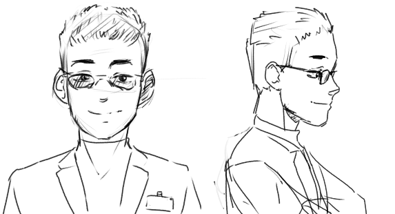 this is a black and white sketch of a male doctor in a lab coat. the image features two perspectives, a front view and a side view.