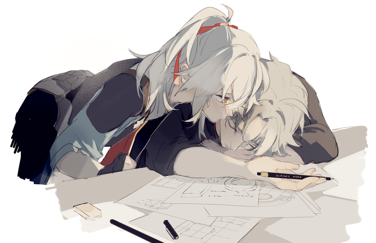 the image depicts a scene of two anime characters, both with white hair. one character is a woman with a red ribbon in her hair, leaning down to kiss a man. the man has his head on a desk with blueprints and a pencil. the woman has her arms wrapped around the man's neck.