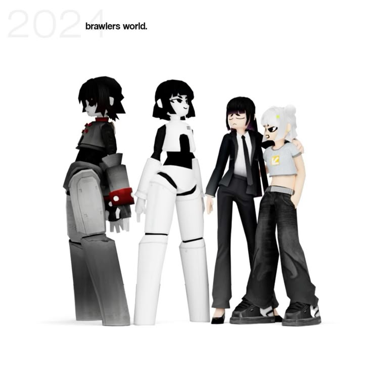 the image shows four characters standing in a row against a white background. the first two characters appear to be robots with a black and white color scheme, respectively. the third character is wearing a black suit, and the fourth character is wearing a gray tshirt and black pants. the characters are standing in a fashionlike pose, and the image has a futuristic feel to it. the text "202 brawlers world" is visible in the upper left corner.