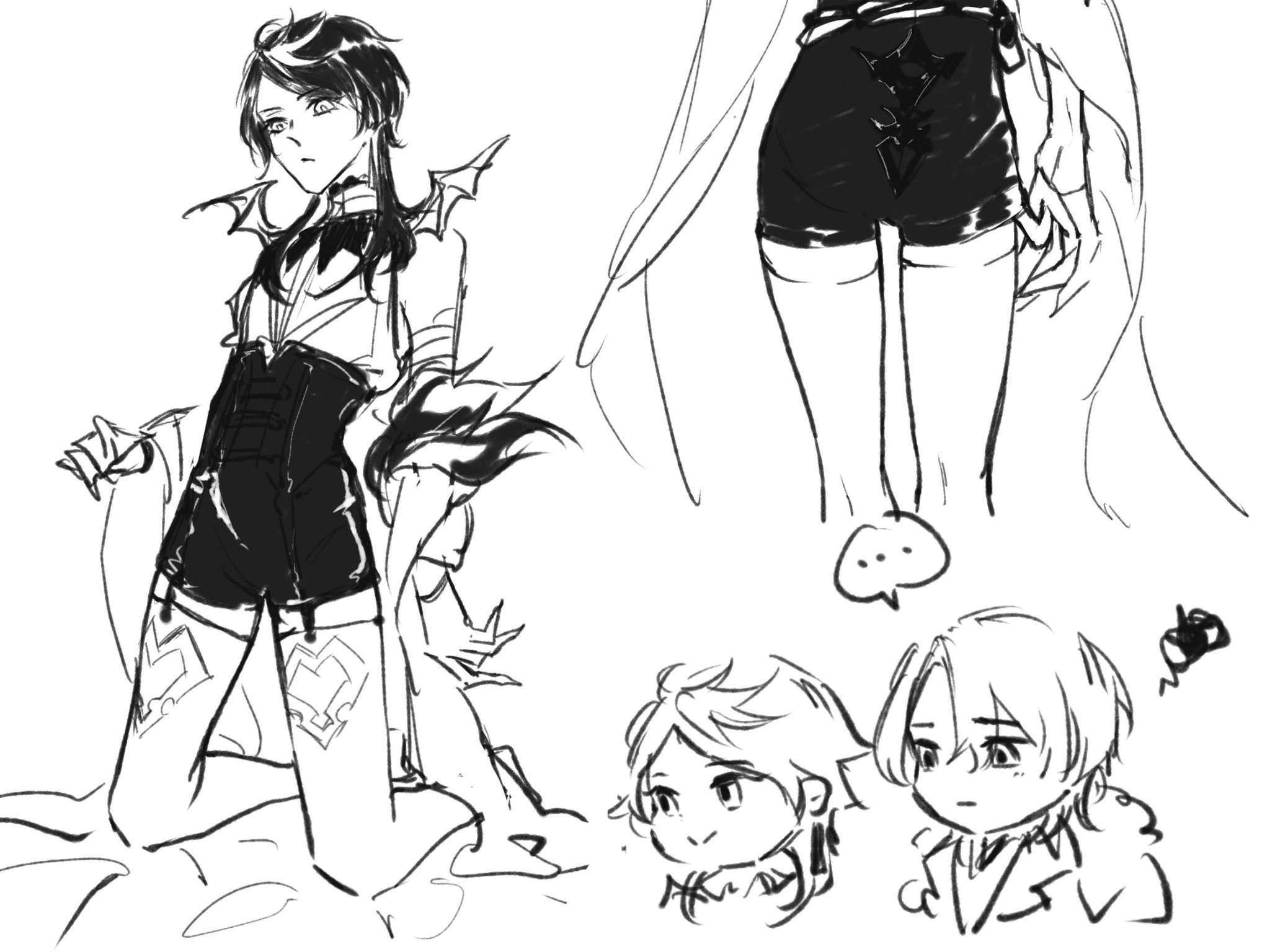 the image features a black and white drawing of three anime characters. the first character is a woman with long black hair, wearing a black outfit with a corset, skirt, and thigh highs. she has a pair of black wings on her back. the second character is a woman wearing a black skirt with a vshaped detail in the back. the third character is a man wearing a jacket and has short, wavy hair. all three characters are in different poses, and the drawing is done in a simple, sketchy style. the characters have a range of emotions, and the image is a fun and interesting example of anime art.