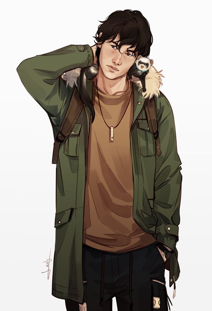 a drawing of a young anime male character, with dark brown hair and eyes, wearing a green jacket over a brown shirt and black pants. he is holding a small ferret in his hands. the character looks like he's in his late teens or early twenties.
