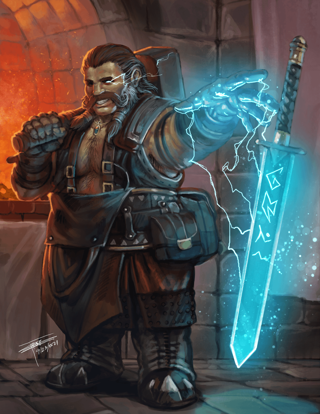 the image showcases a dwarf warrior illuminated by the warm glow of a fireplace. he stands in a dungeon or tavern, his hand crackling with blue lightning as he summons a magical sword of the same energy. his expression is fierce and determined, highlighting his strength and magical prowess.