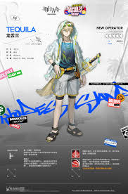 character artwork of tequila from arknights, a new operator. he is wearing a white hooded jacket, blue tshirt, light grey shorts, and sandals. he has a blond tail and carries a sword. the background is a summerthemed design with palm trees and graffiti.