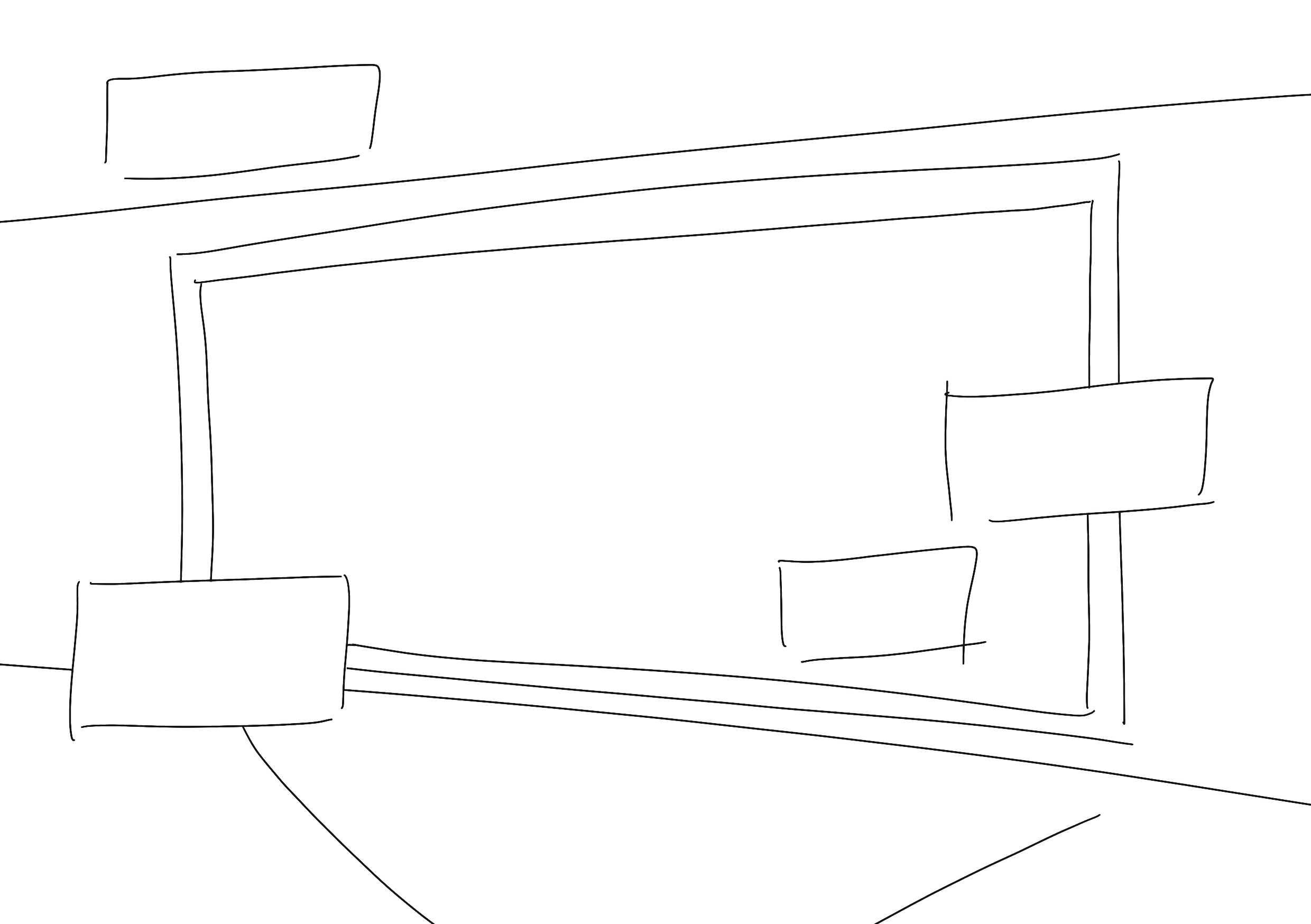 the image is a simple line drawing or sketch of a modern building or structure. it features a large, open entrance or gate, with several rectangular signs or billboards attached to the structure. the style is minimalist and geometric, using only lines to depict the form and perspective. the drawing suggests a sense of depth and space, with a road or pathway extending out from the structure.  the lines are clean and uncomplicated, giving the overall impression of a modern and abstract architectural representation.