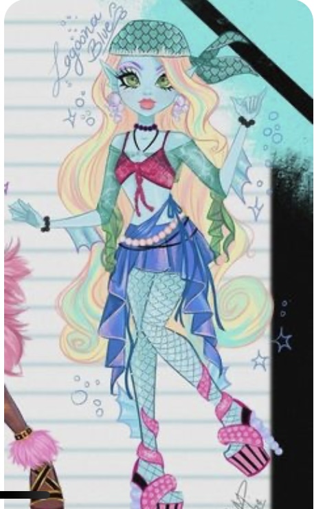 it's a brightly lit indoor picture of a fashion doll character design sketch on lined paper. the drawing features lagoona blue, a monster high character,  with long blonde hair streaked with pink, blue, and yellow, wearing a pink and blue top and skirt.