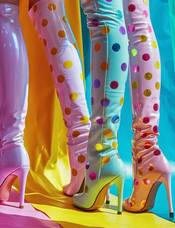 the image features a collection of colorful, shiny, highheeled boots adorned with polka dots. the boots are arranged against a backdrop of vibrant fabrics, creating a playful and fashionable scene.