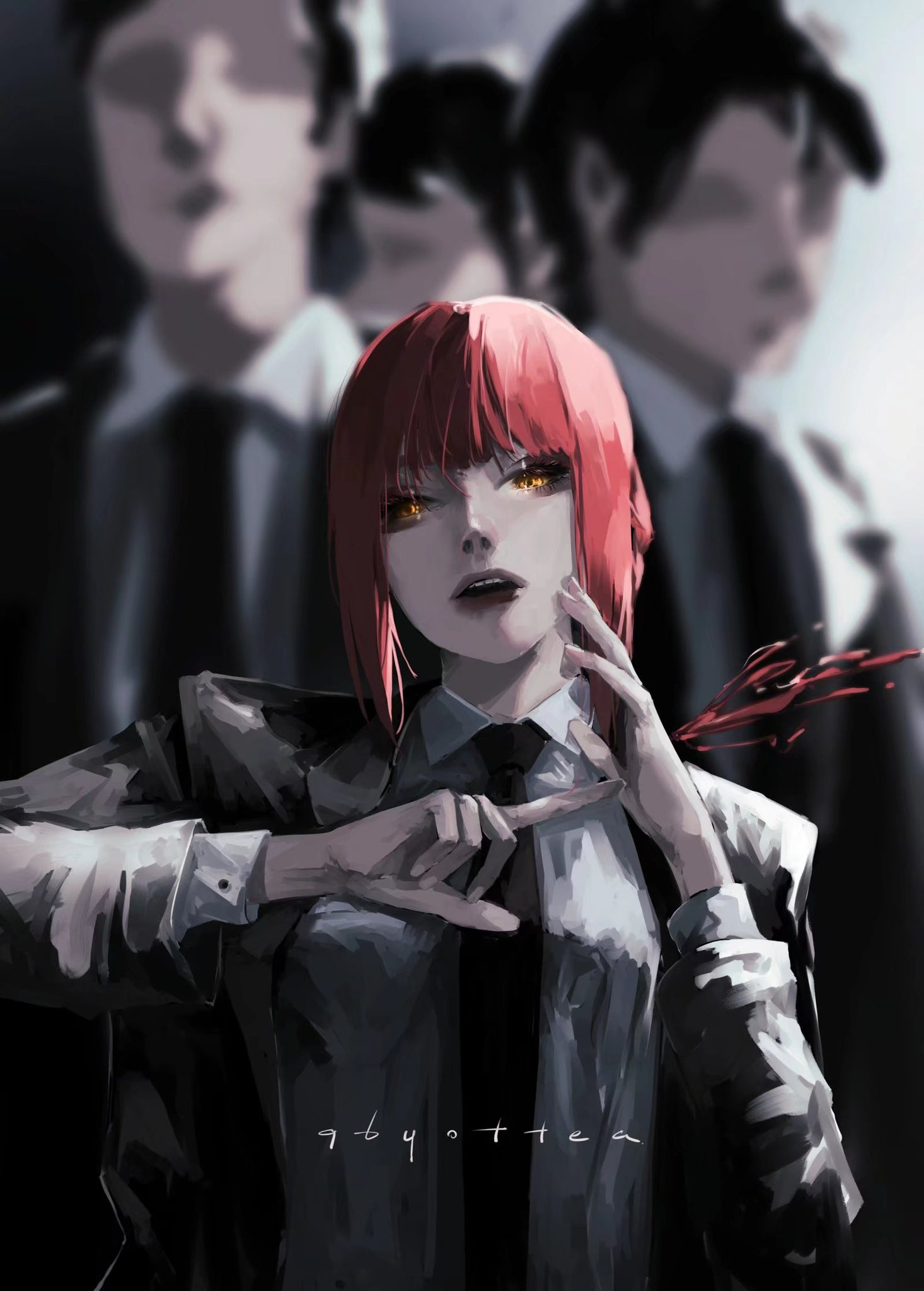 a striking anime woman with dualtoned red hair stands confidently in the foreground. she is wearing a business suit and tie, and her hand is stained with blood. she holds a finger gun gesture towards her chin, conveying a sense of power and danger. three men in suits are blurred in the background, suggesting her dominance or control over them. the overall image is dark and dramatic, with a strong use of shadows and highlights.