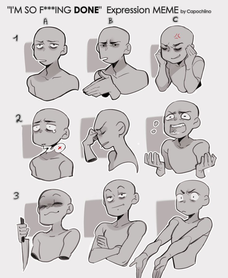 the image is a black and white drawing of nine different characters' upper bodies, arranged in a 3x3 grid. each character depicts a variation of the expression "i'm so fing done" with varying degrees of frustration, annoyance, and exhaustion. the characters are drawn in a simple, cartoonish style with exaggerated features to emphasize their emotions.  each row is numbered, and each column is labeled a, b, and c.  this image is a meme template, allowing others to add their own spin to the expressions.