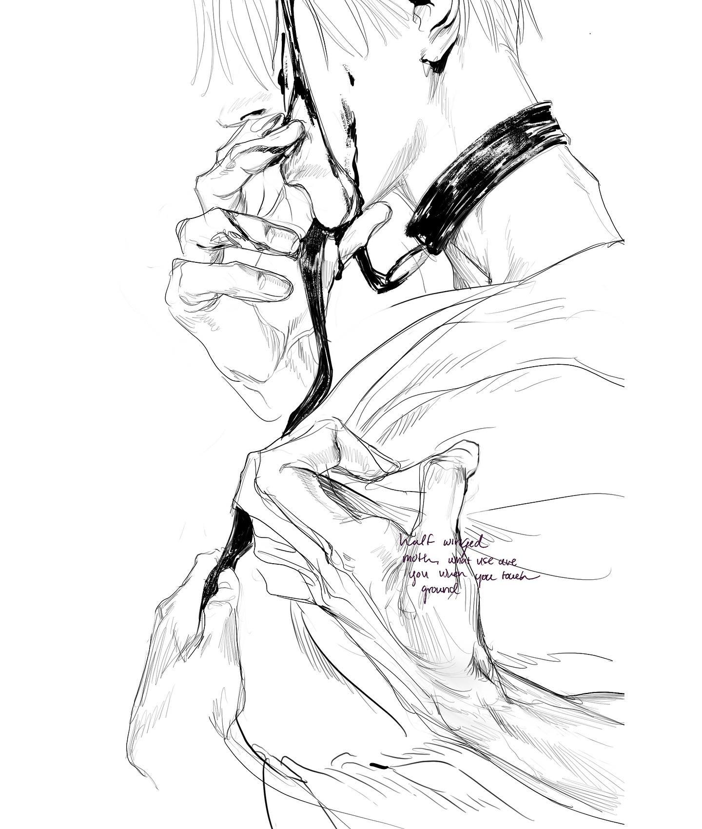 a black and white drawing of a young man with his head tilted back, covering his face with one hand, crying. the other hand is grasping at the fabric of his shirt. the drawing is very detailed and emotive, with lots of lines and shading. the subject looks very sad and in pain. the image is framed by a dark collar, which is attached to his neck. the drawing appears to be an artistic rendering of a character from an anime or manga.