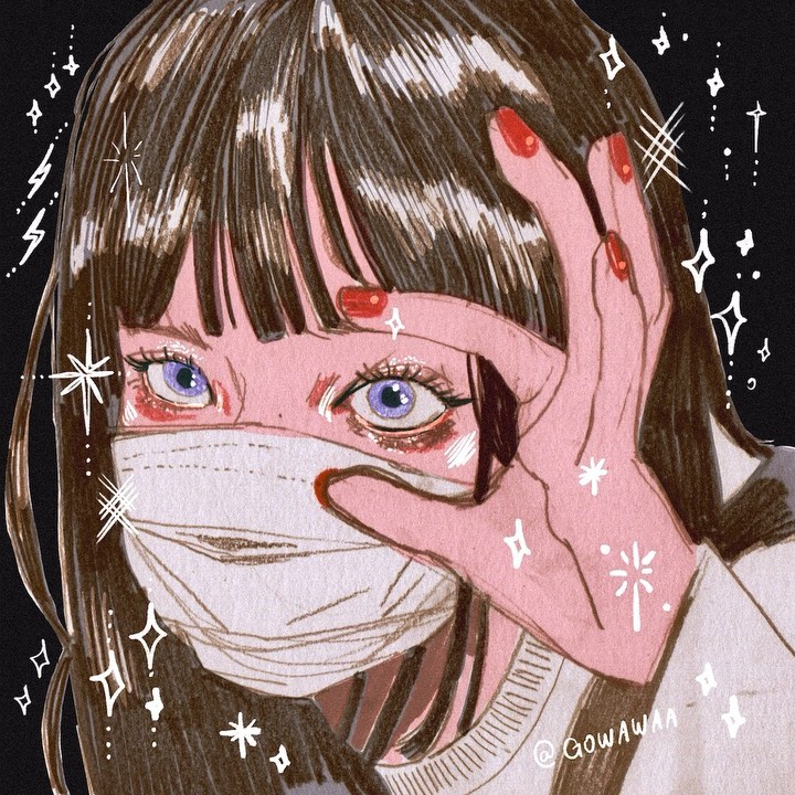 the image is a stylized digital drawing of a young woman. her dark hair covers most of her forehead with long bangs. she has large, expressive purple eyes with rosy cheeks and red nail polish on her fingers. she wears a white face mask and is using her hand to partially obscure her face. her hand is forming a frame around one eye. the illustration is done in a pastel color palette with many small, decorative star shapes surrounding her.  the style is reminiscent of anime or manga but with a softer, more illustrative approach. the overall aesthetic is cute and slightly mysterious.