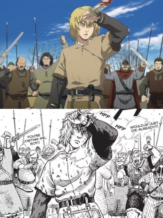 a split image comparing an anime scene and the manga panel its based on.  the scene depicts thorfinn, a young blonde boy, with his sword drawn and surrounded by vikings. ```