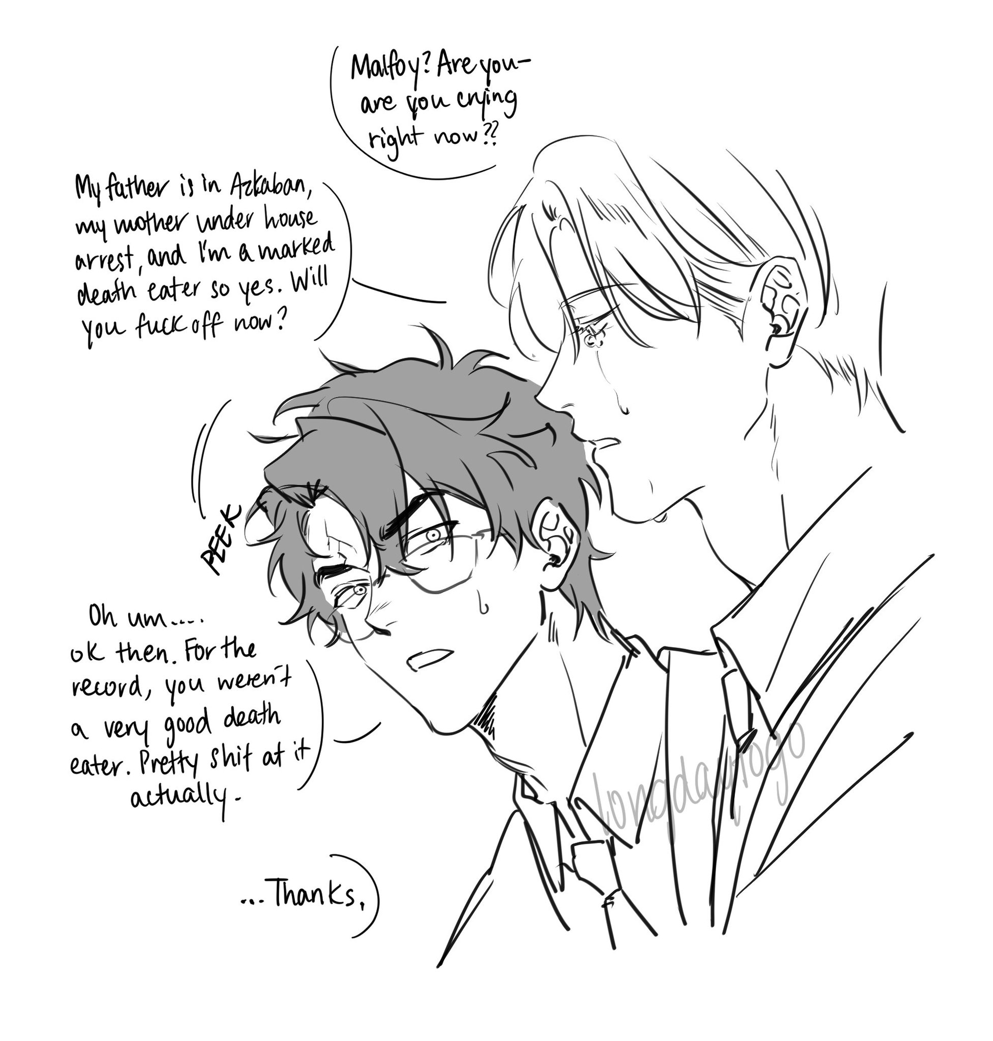 he image is a black and white mangastyle drawing depicting two male characters. one, with longer hair, seems distressed and is possibly crying. the other, with shorter hair and glasses, appears to be comforting him, though the text suggests a complex relationship and difficult circumstances. the dialogue bubbles reveal a conversation hinting at family troubles (azkaban, house arrest, being a marked death eater), and the shorterhaired character's comment about the other's poor performance as a death eater is ironic and adds to the emotional complexity of the scene. the style is expressive and uses dynamic linework to convey emotion.