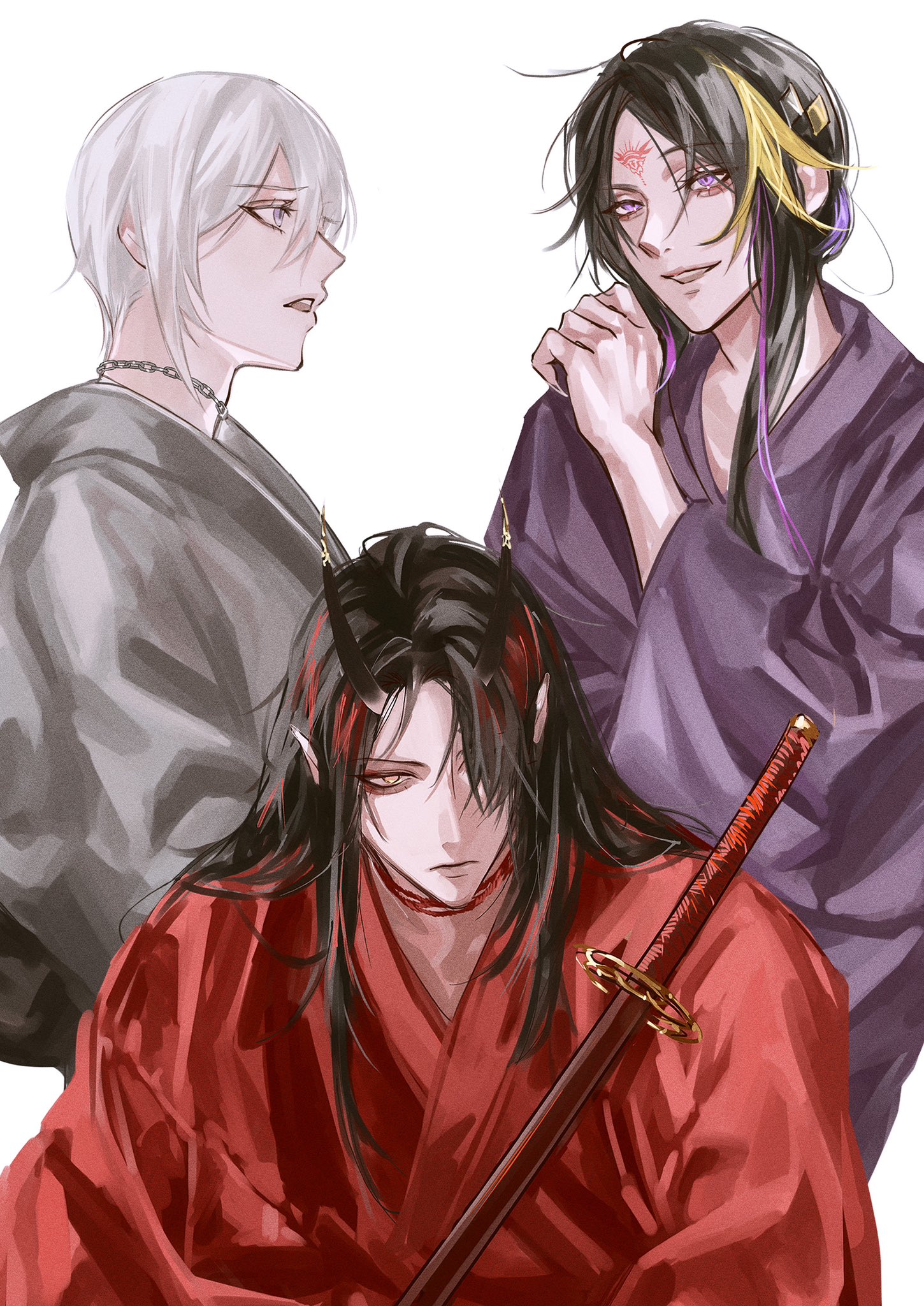 this is a digital illustration of three anime characters, two of whom are men and one is a woman. they are all standing in front of a white background. the woman is on the left of the image, and she has white hair, wears a grey kimono, and has a necklace. she is looking to her right.  the man in the center has black hair with red highlights and is wearing a red kimono with a sword. he is looking to his left. the man on the right of the image is wearing a purple kimono with a golden belt and has purple hair with gold highlights. he is looking to his right. all three characters are facing different directions. the woman on the left is looking at the man in the center, the man in the center is looking at the man on the right, and the man on the right is looking to his right. the illustration has a detailed style.
