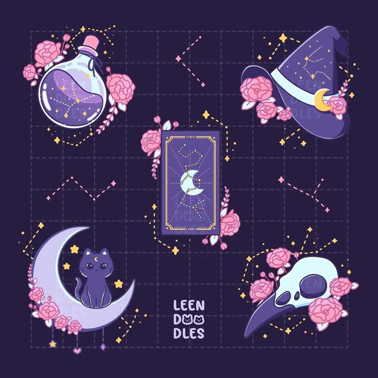 the image is a witchy themed illustration with a dark purple background and a grid pattern. it features a potion bottle surrounded by pink roses, a tarot card with a moon on it, a black cat sitting on a crescent moon, a witch hat with a moon and stars, and a skull surrounded by pink roses. all of the elements are adorned with stars and constellations. there's a text that says "leen doodles".