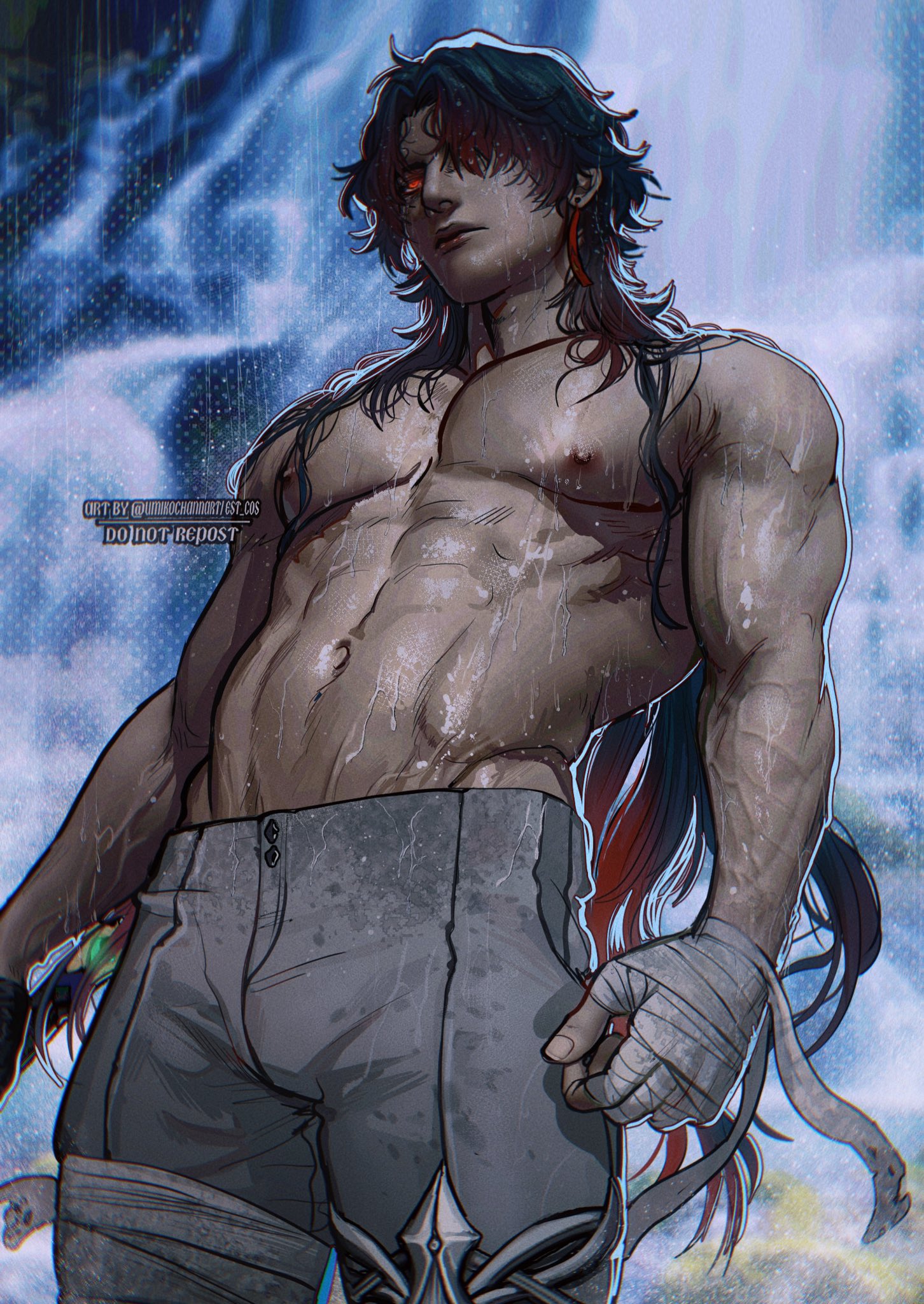 this is a digital art illustration of a shirtless, muscular man standing in front of a blue waterfall. he has long black hair with red streaks, a beard stubble, and is wearing grey pants with a bandage wrapped around his wrist.  he's wet from the waterfall and looks strong and powerful.