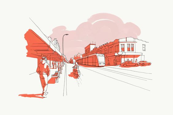 a handdrawn illustration of a city street scene. the image features a street with a tram running down the center, and a bus stop on the left side of the street. there are several people waiting at the bus stop, as well as a few people walking on the sidewalk. there are buildings on the right side of the street, and a car driving in the opposite direction of the tram. the street is lined with trees and there is a light pink cloud in the sky. the image is drawn in black and red, and has a light, whimsical style.