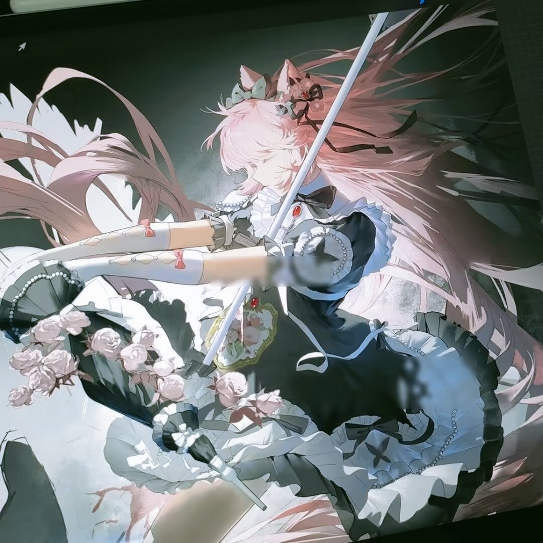 the image is a digital painting or illustration of an animestyle girl. she has long, flowing pink hair and is wearing a black and white maid outfit adorned with bows and roses. she also has cat ears on her head. she appears to be holding or leaning on a long staff or weapon. the overall style is light, ethereal, and graceful. the background is somewhat blurry and indistinct, focusing attention on the character. the artwork showcases delicate details in the character's clothing and hair.